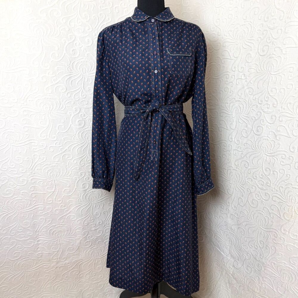 Vintage 80s Schrader Sport Paisley Midi Shirt Dress Navy Belted Secretary Retro
